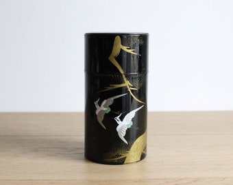 Vintage Japanese tea tin caddy, handpainted crane birds black enameled metal canister, old chazutsu