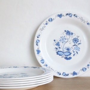May include: Set of six white ceramic dinner plates with a blue floral pattern. The plates have a raised rim and a scalloped edge.
