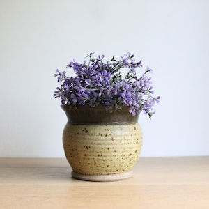 May include: A ceramic planter with a speckled brown and yellow glaze, holding a bouquet of purple flowers.