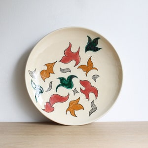 Vintage studio pottery platter, low 11'' colorful fruit bowl, eclectic boho decor