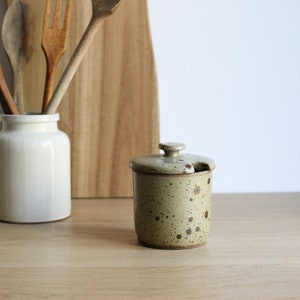 Vintage stoneware mustard or spice jar, handmade pottery, rustic modern minimalist decor