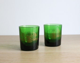 2 French vintage mid century aperitif tumblers, small green glasses with gilded decor