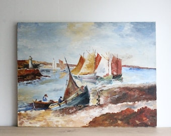 Vintage original acrylic painting, Breton seascape with fishing sailboats, on stretched canvas, sold unframed