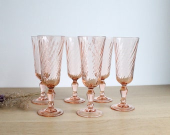 6 French vintage 70s Luminarc champagne flutes, Rosaline blush pink swirl glass