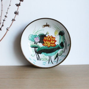 Vintage Chinese decorative wall hanging plate, handpainted porcelain with a water lilies floral decor