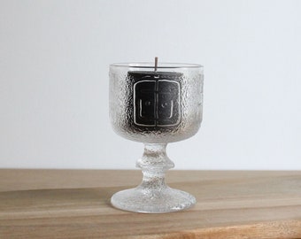 Vintage c. 70s glass goblet with decor, upcycled votive candle holder in a footed drinking glass