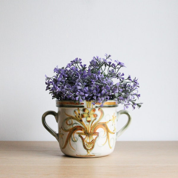 Petit pot en poterie vintage KERALUC Quimper à décor floral, jardinière bretonne ou petit rangement