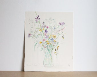 Vintage original watercolor painting on paper of a meadow flowers bouquet, with a French message