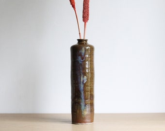 Vintage glazed stoneware bottle vase, handmade artisan pottery, rustic modern minimalist decor