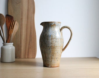 Vintage glazed stoneware pitcher, signed handmade pottery, rustic French farmhouse decor
