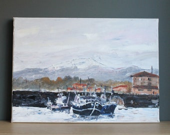 Vintage original acrylic painting, fishing boats and snowy mountain, on stretched canvas, sold unframed