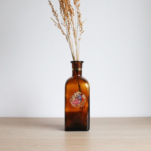 Vintage 70s square glass bottle, brown dark amber with Fragonard decor, boho eclectic bud vase
