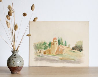 Vintage original watercolor painting of a church in the countryside, age toned paper, sold unframed