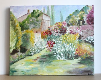 Vintage signed original acrylic painting, French flower cottage garden, on stretched canvas, sold unframed