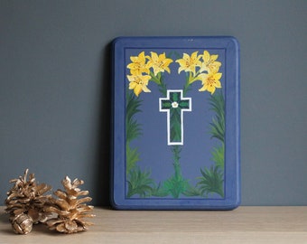 Vintage original religious painting, Cross and lilies flowers, done on thick wooden board