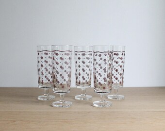 5 French vintage 70s 80s Luminarc champagne flutes, Cavalier clear glass with a floral decor