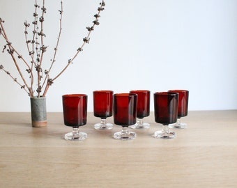 6 French vintage 70s Luminarc shot or liqueur glasses, Cavalier ruby red and clear glass