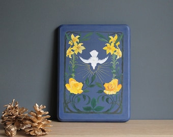 Vintage original religious painting, dove and yellow flowers, done on thick wooden board