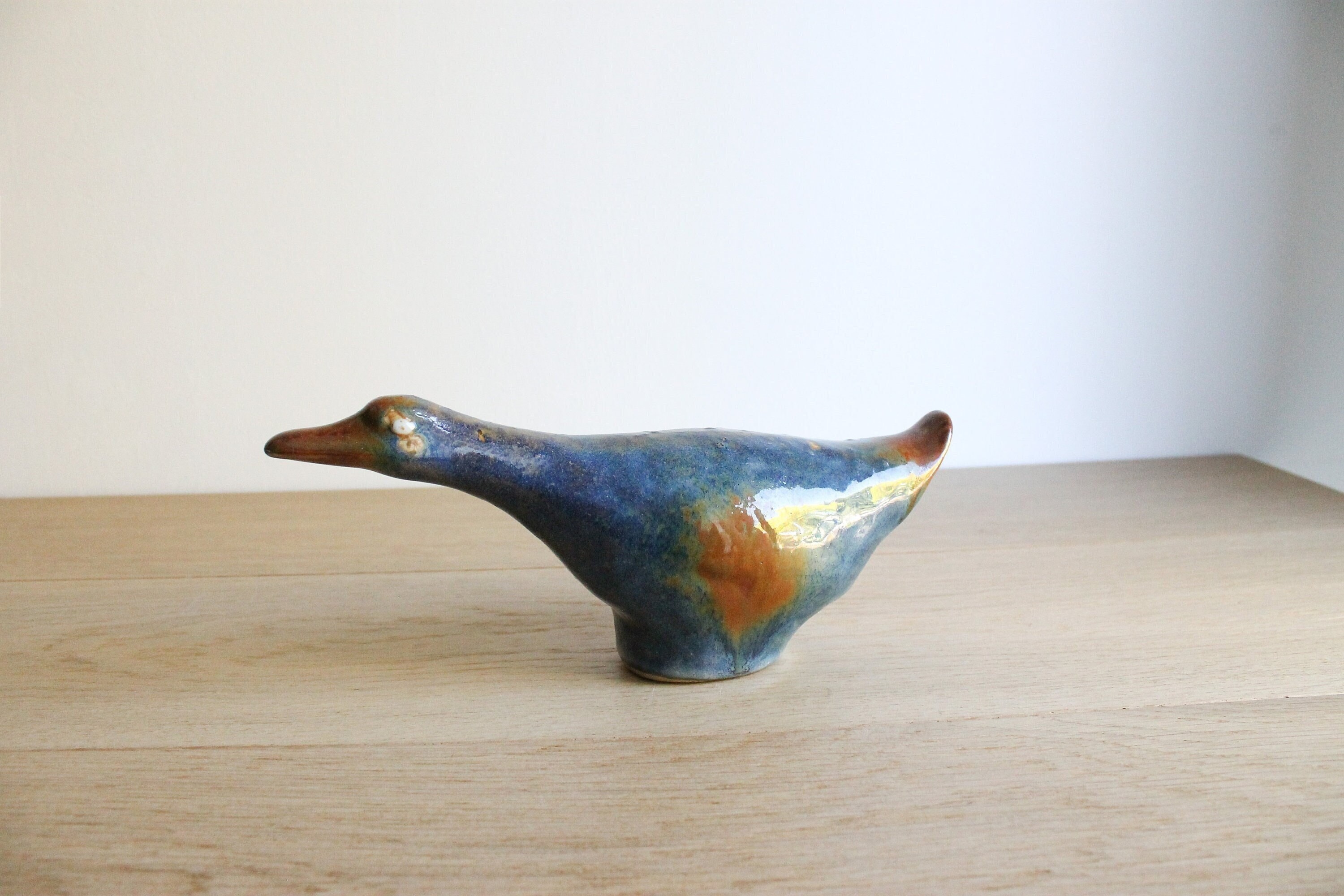 Vintage Stoneware Duck Statuette, Handmade Studio Pottery, Rustic French Farmhouse Decor