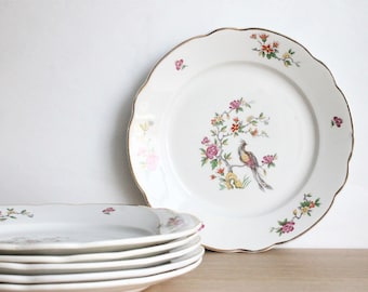 6 assiettes françaises vintage en pierre de fer par Digoin & Sarreguemines, avec un décor de transfert de paon et de magnolia