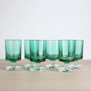 6 French vintage 70s Luminarc shot or liqueur glasses, Cavalier green and clear glass