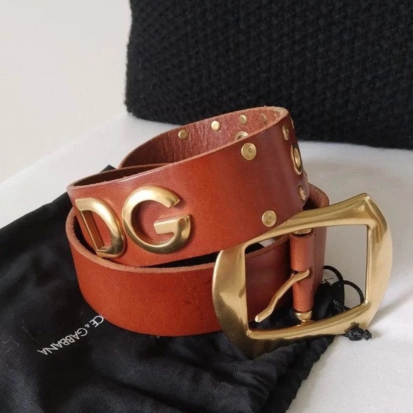 Vintage Dolce & Gabbana belt, 85 cm 34 inch, cognac colored leather and gold tone buckle