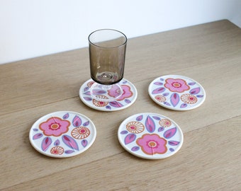 Vintage 70s French plastic coasters, Coraline melamine France, set of 4, pink and orange floral decor