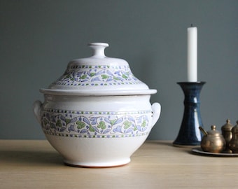 Vintage Moroccan covered vegetable dish, handmade glazed earthenware pottery
