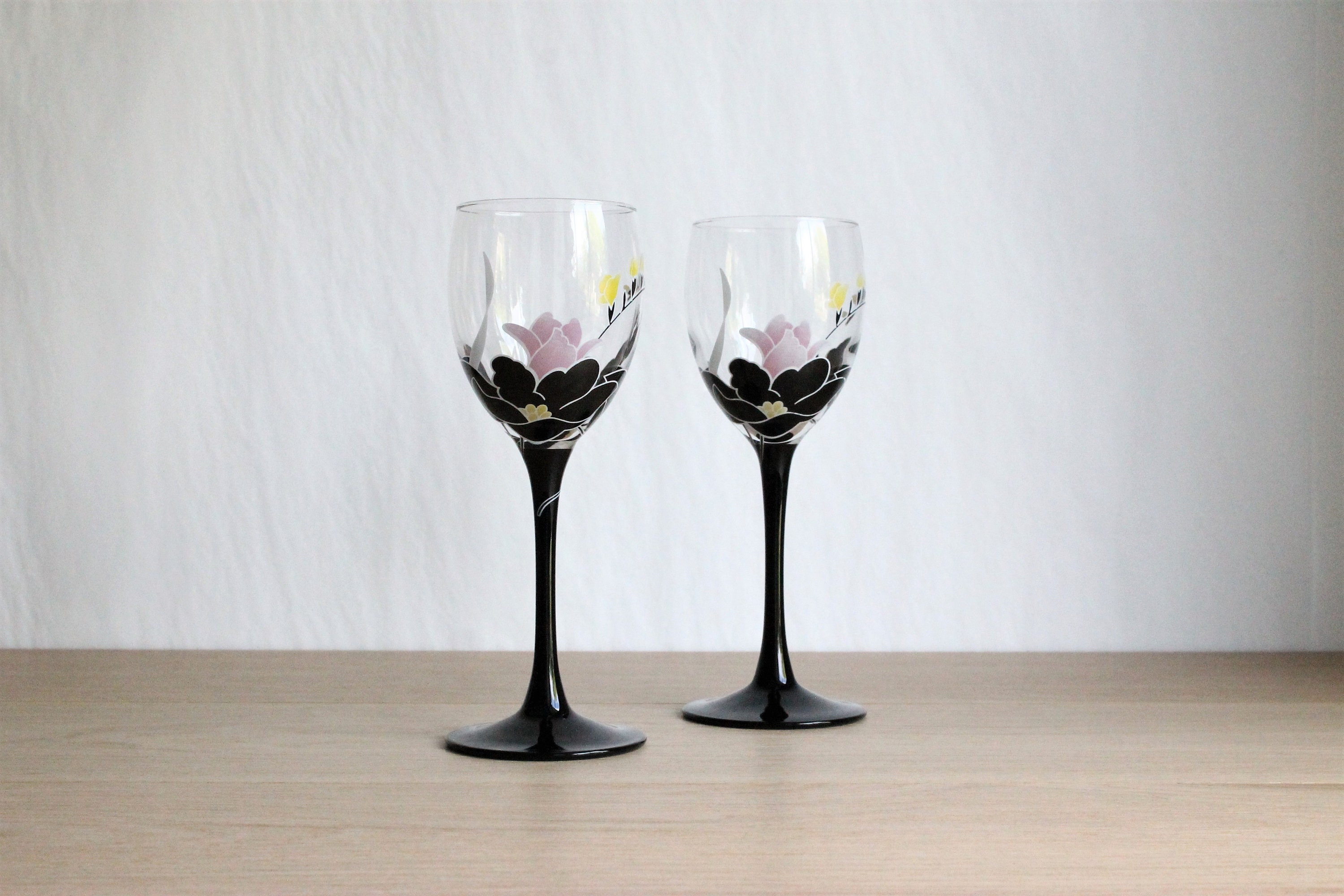 2 Français Verres à Vin Tige Noire Luminarc Vintage Des Années 80, Domino Anais