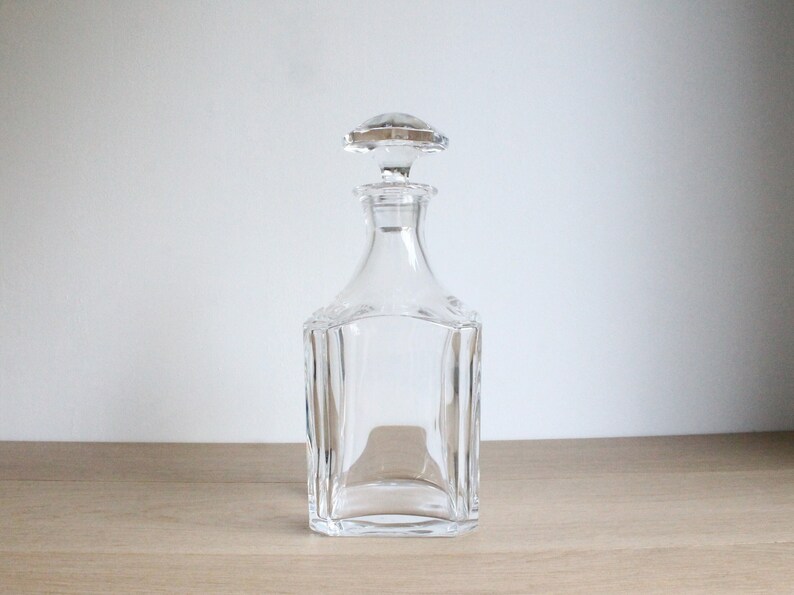 Large vintage square whiskey decanter, thick and heavy pressed glass
