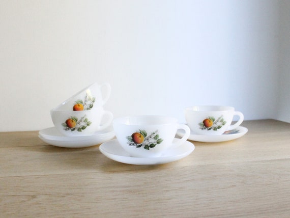 Vintage Arcopal Opal Glass Coffee Cups & Saucers - French Tempered Dishware
