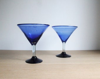 2 vintage chunky blown glass dessert or ice cream cups, blue and clear bubble glass