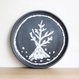 Vintage handmade pottery tray or platter with a tree decor from a French flea market