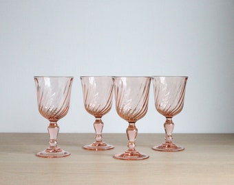 4 French vintage 70s Luminarc small wine glasses, Rosaline white wine goblets, blush pink swirl glass