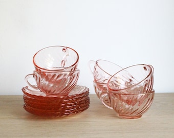 Set of 6 Vintage Arcoroc Rosaline Blush Pink Espresso Cups & Saucers