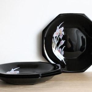 Vintage Arcoroc Black Glass Bowls: French Borneo Floral Dinnerware, Set of 4