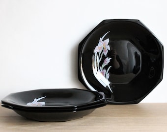 Set of 4 French vintage 80s rare Arcoroc Novoctime Borneo black glass deep dinner plates or soup bowls