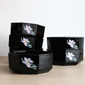 Vintage Arcoroc Black Glass Bowls: Floral Novoctime Borneo Set