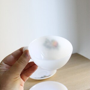 May include: White milk glass teacup and saucer set. The cup is held in a hand, with a matching saucer below. Both pieces feature a fruit design in the center. The set is on a wooden surface.