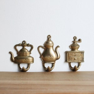 Set of 3 vintage brass kitchen towel hooks, teapot coffee pot beans grinder shaped