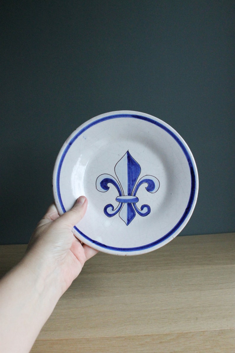 Small antique Malicorne decorative plate, POUPLARD-BEATRIX PBx with handpainted fleur de lis decor, French country decor image 2