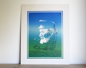 French vintage 70s sailor and sailboat handmade screen print wall art on cardboard