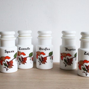 Vintage 70s Milk Glass Spice Jars with Floral Motif - Set of 5