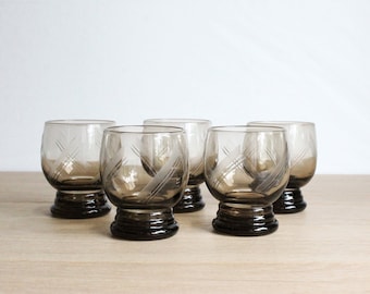 5 verres à cordial ou à liqueur gravés vintage des années 50, verre marron fumé, provenant d'un marché aux puces français