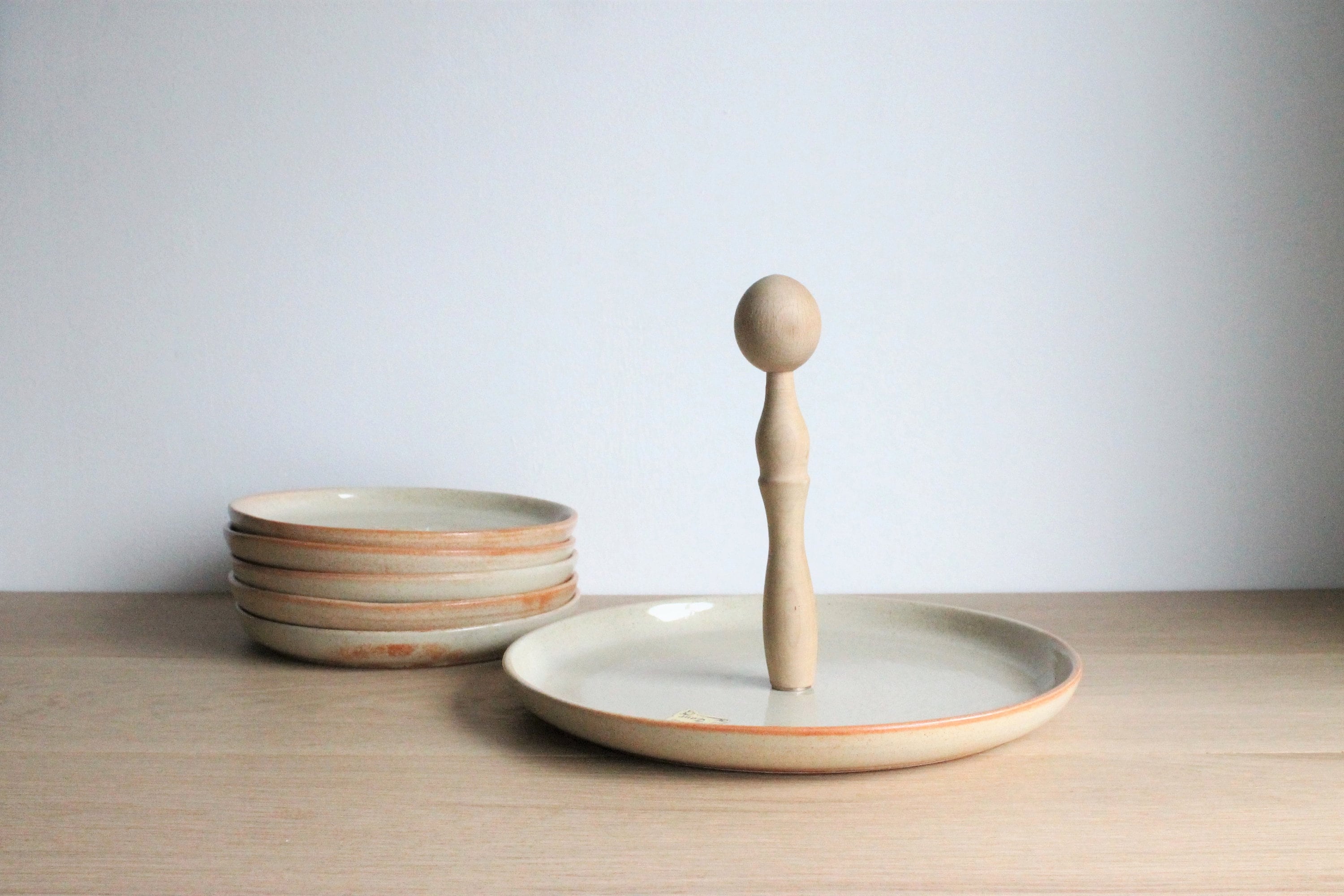 Français Plateau de Fromage en Grès Vintage et 5 Petites Assiettes Serties Par Vieux Grès La Tour