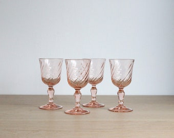 4 vintage 70s French Rosaline cordial, liqueur or port glasses, Luminarc blush pink swirl glassware