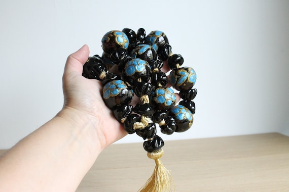 Vintage Komboloi Wall Hanging: Oversized Brown Glass Beads, Blue Floral Decor