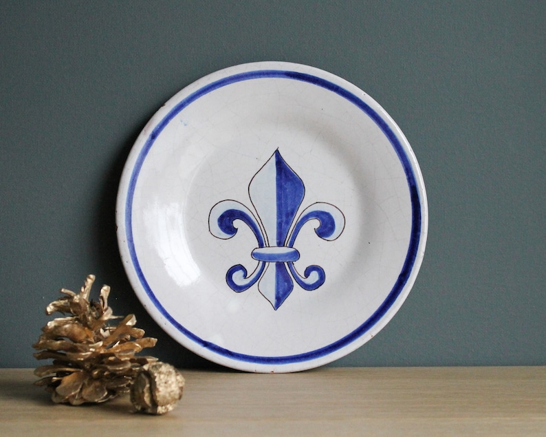 Small antique Malicorne decorative plate, POUPLARD-BEATRIX PBx with handpainted fleur de lis decor, French country decor image 1