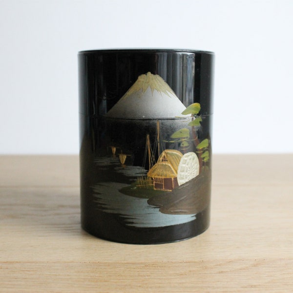 Vintage Japanese tea tin caddy, handpainted Mount Fuji black enameled metal canister, old chazutsu