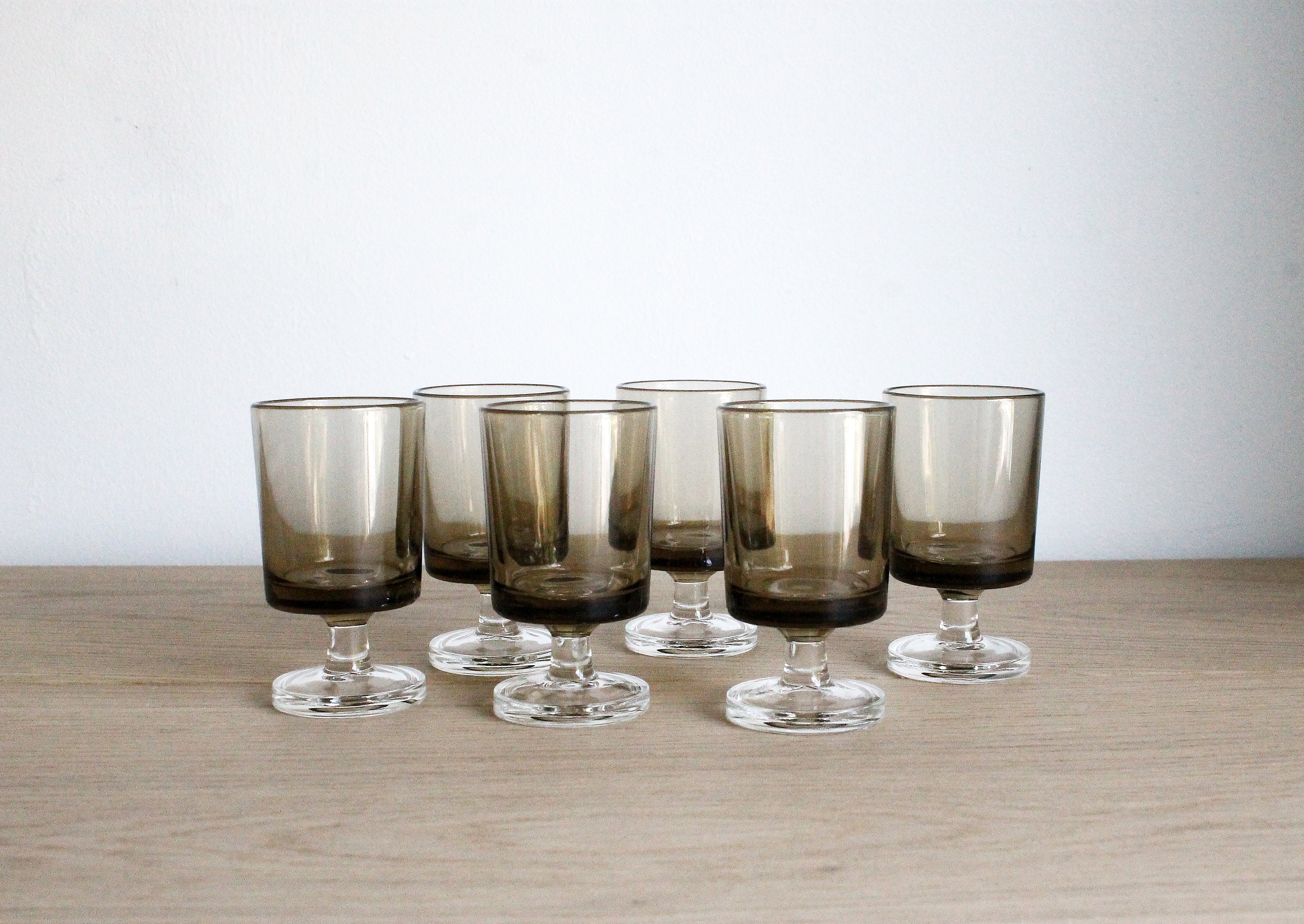 6 Français Verres à Shot ou Liqueur Luminarc Vintage Des Années 70, Verre Fumé Brun Cavalier
